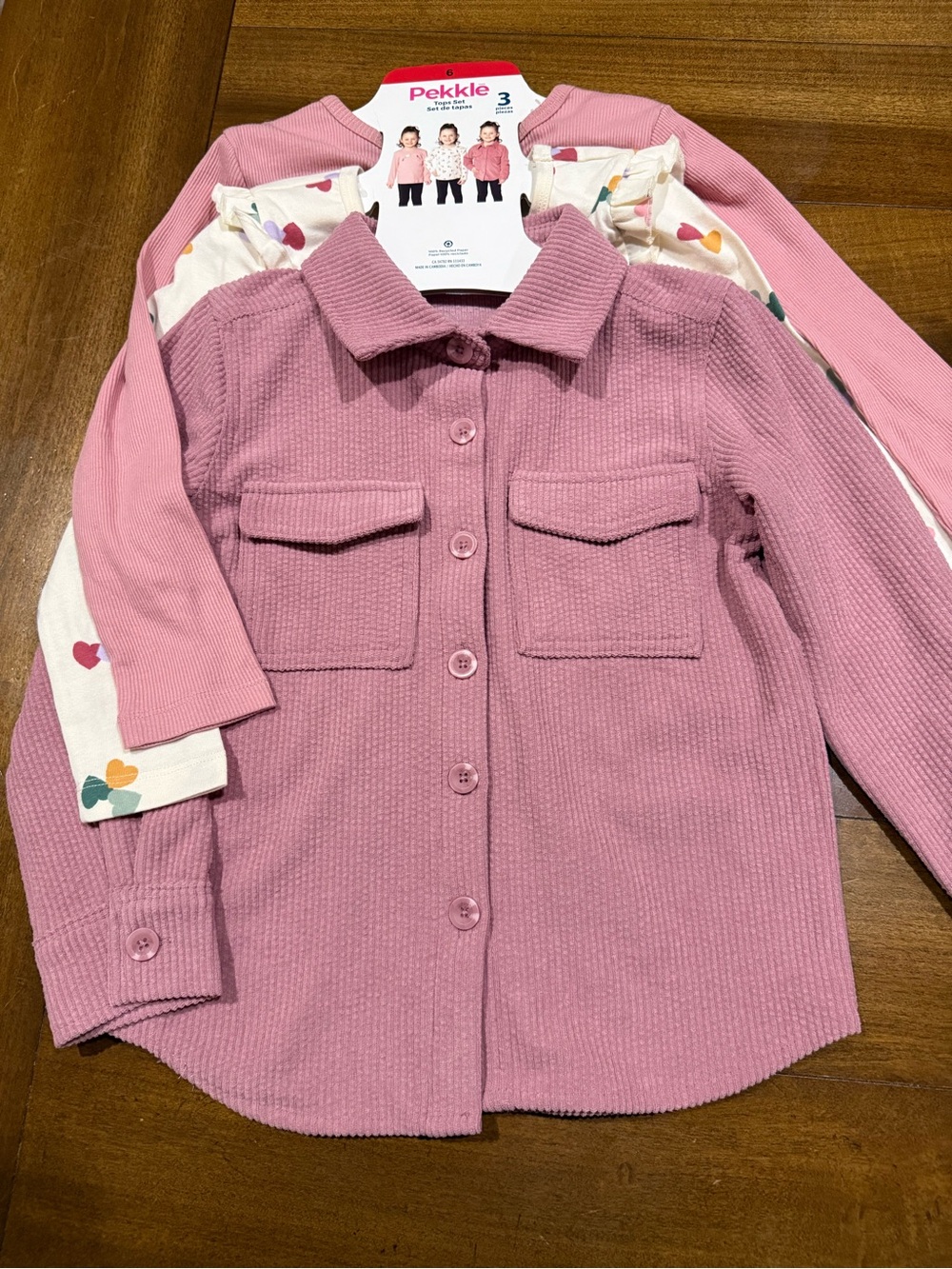 Girls' Pink Ribbed Button-Up Shirt Jacket - Pink & 2 long sleeve- 3 pack